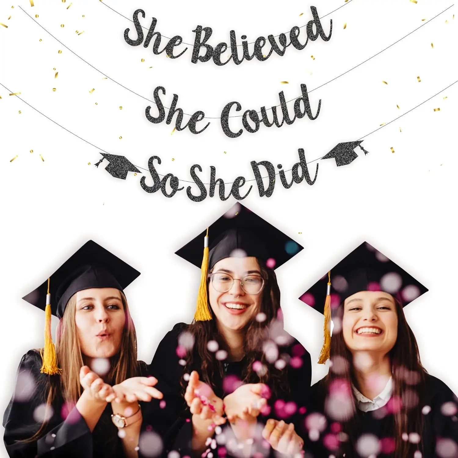2024 She Believed She Could So She Did Black Paper Banner Graduation Banner for Girls Boys Graduation Party Supplies