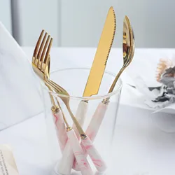 Gray red marble Ceramic Handle  Stainless Steel main knife fork Spoons flatware cutlery Sets