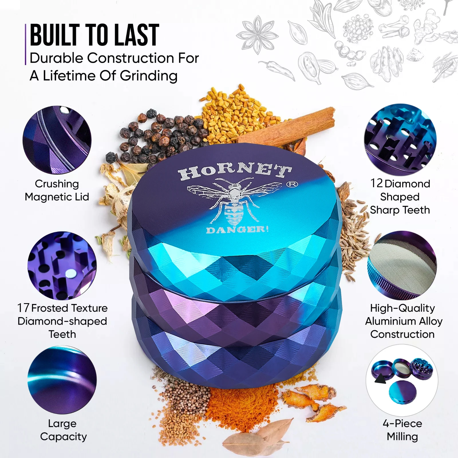 Herb grinder tobacco accessories smoking metal aluminium 4 layers diamond cut