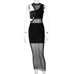 Matching sleeveless see through sexy bodycon dress casual summer casual dress mesh casual dresses