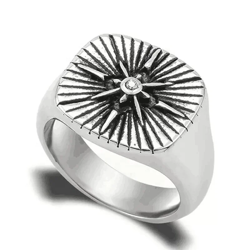 Custom Logo Trending Fashion Rings Punk Jewelry Vintage Stainless Steel Mens Compass Ring