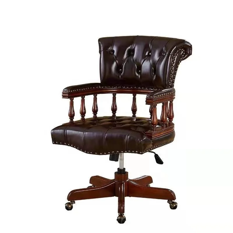 Dark Ox Blood Chesterfield Captains Chair genuine leather wooden base home office swivel armchair with wheels UK