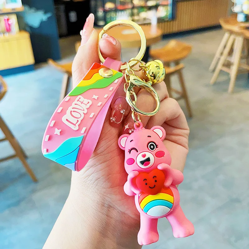 Hot Sale In Stock Promotion 3D Cartoon Rainbow Bear Key Chain Small Cute Key Ring 3D Cheap Gifts For Kids