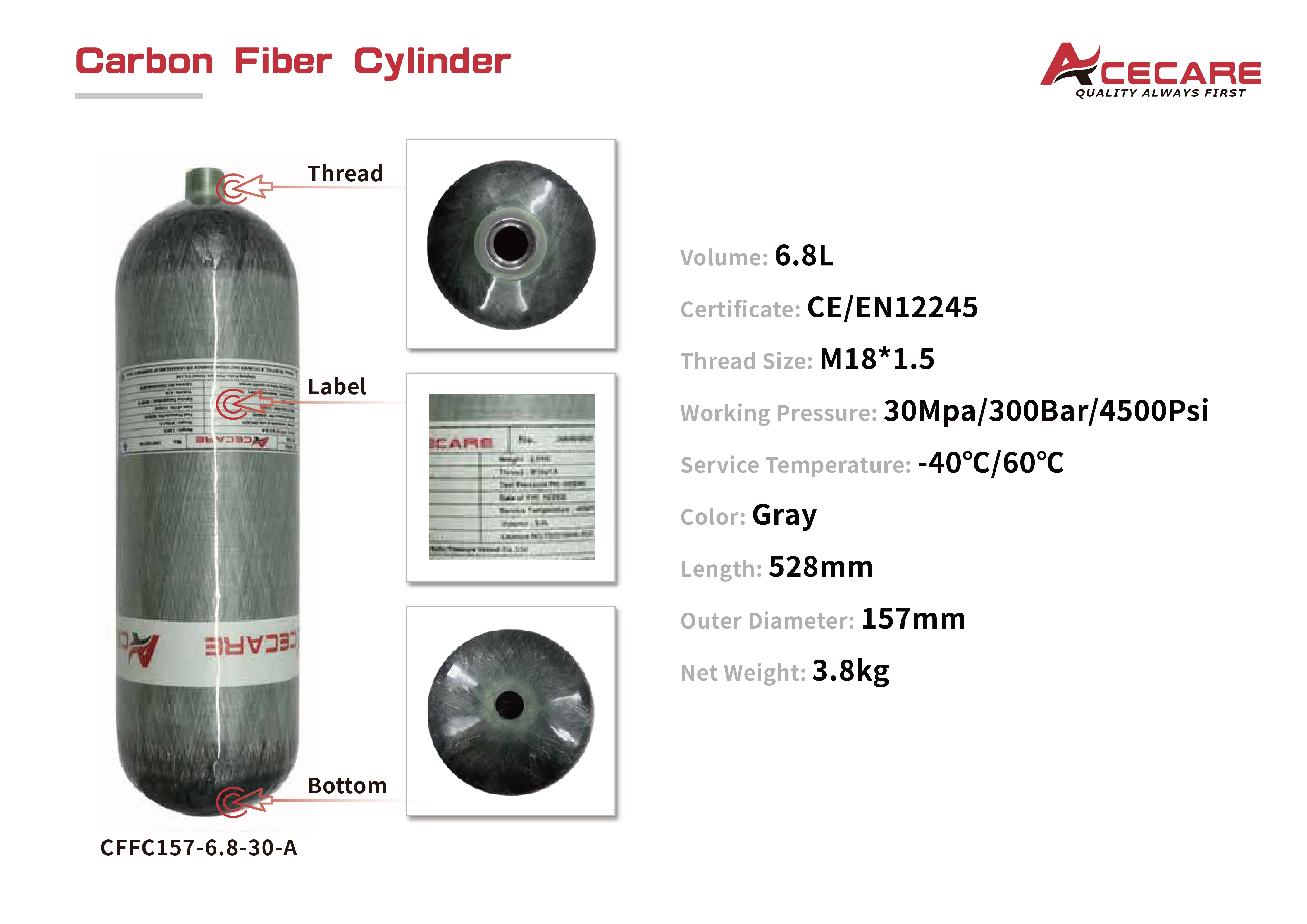 Acecare 6.8L CE 4500psi Hpa Tank And Composited Carbon Fiber Oxygen Cylinder for Scuba Rebreather