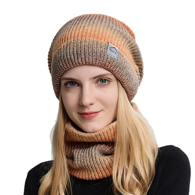 Spot outdoor warm pullover scarf hat set thick knitted adult gradient fashion ladies winter hats