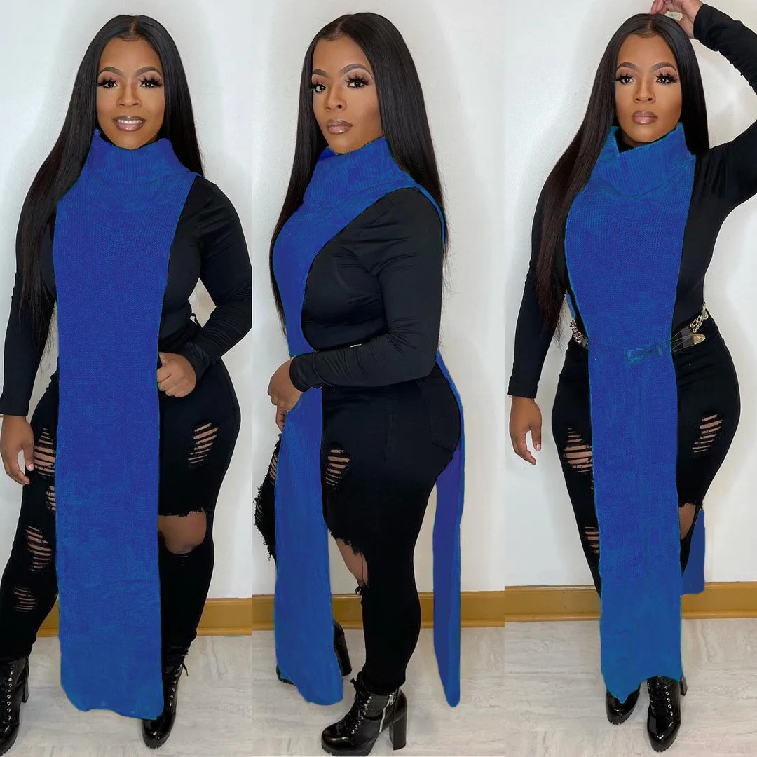 Solid Color Sweater Knit Boutique Clothing Dresses Sleeveless Turtleneck Shirt Top Nigh Club Shape Wear Split Sexy Dress Women