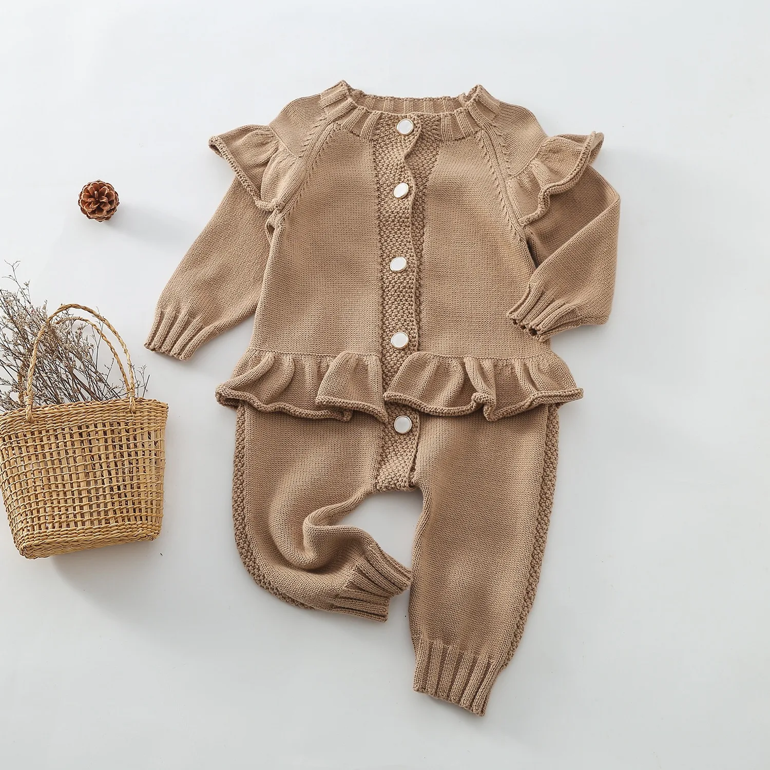 Xiximi 100%Cotton Autumn And Winter Baby Girls Long Sleeve Overall Ribbed Romper Cotton Wool Knitted Jumpsuit Fairy Romper