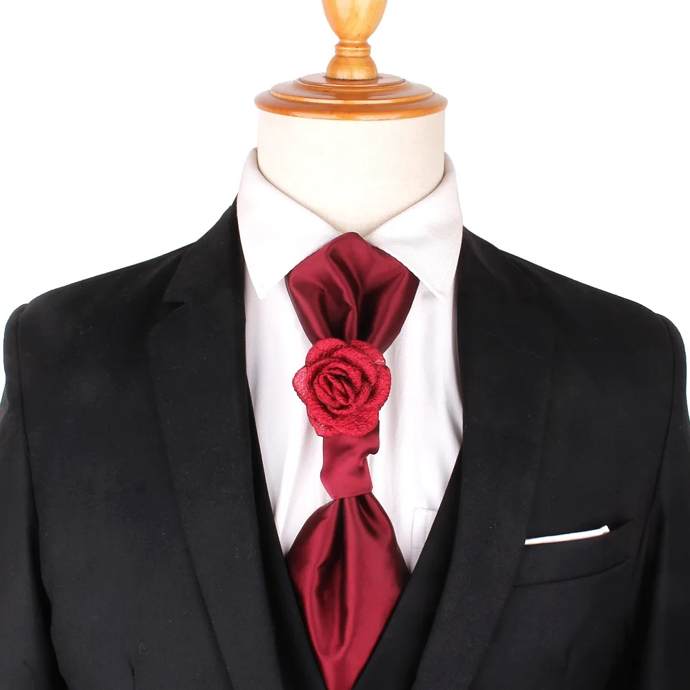Handmade Rose Floral Neck Ties For Men Women Solid Flower Tie Luxury Neckties For Wedding Banquet Wine Red Necktie Gravata Gifts