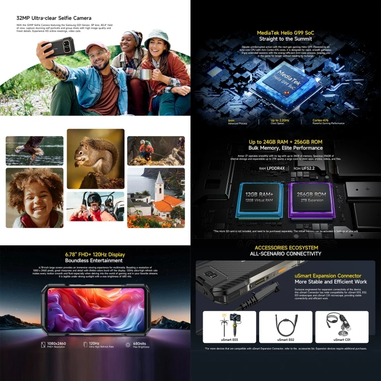 Ulefone Armor 27 прочный телефон 12 ГБ + 256 ночного видения 10600 мАч 6 78 дюймов Android 14 MediaTek Helio G99 Octa Core Сеть: 4G