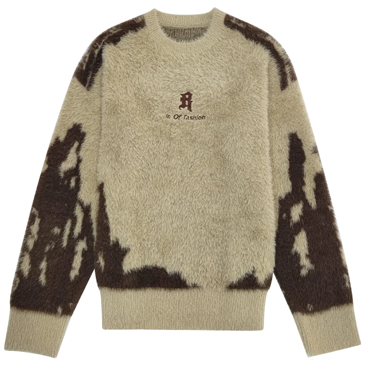 Men Mohair Knitted Sweater Custom Fray Jacquard Knit Men Clothes Pullover Winter Sweater Men