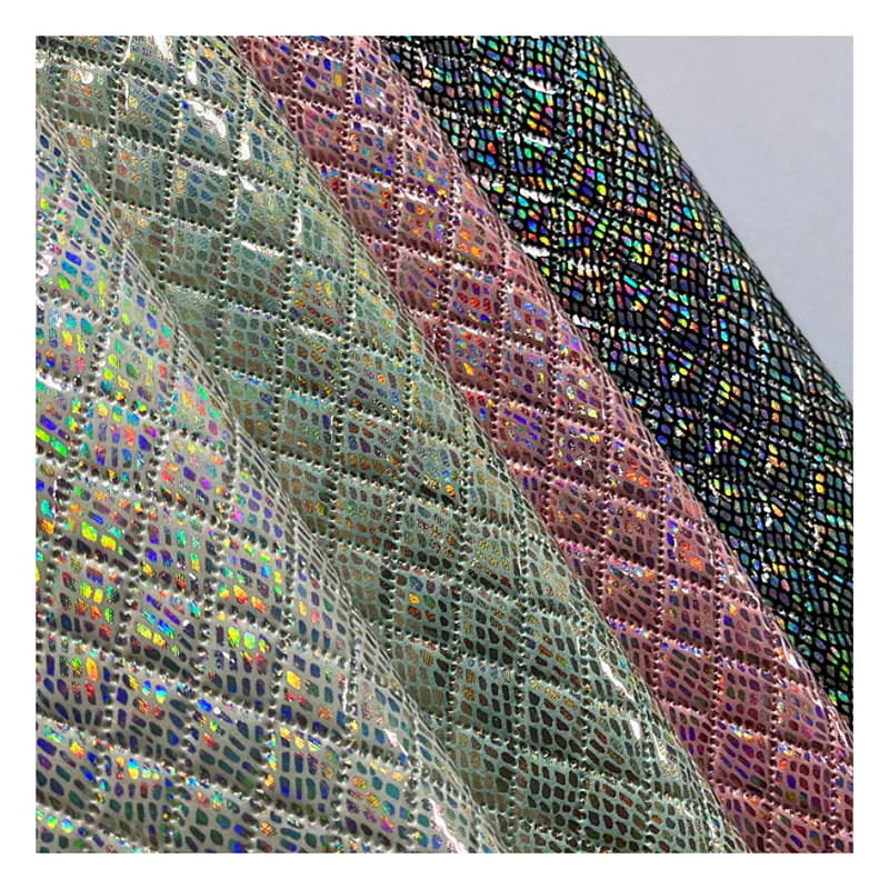 Iridescent Embossed Holographic Leather Fabric Faux Quilted PU Leather Fabric For Lady Bag