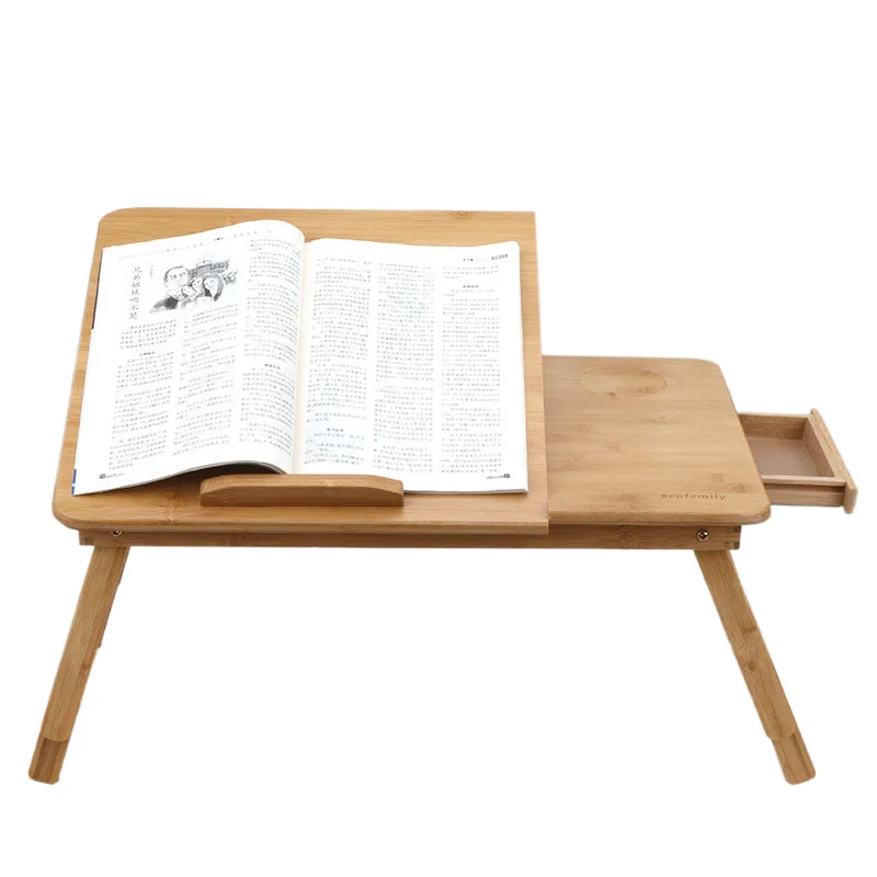 Bamboo Laptop Stand Desk Adjustable Breakfast Bed Tray Multi-functional Table with Tilting Top Storage Drawer