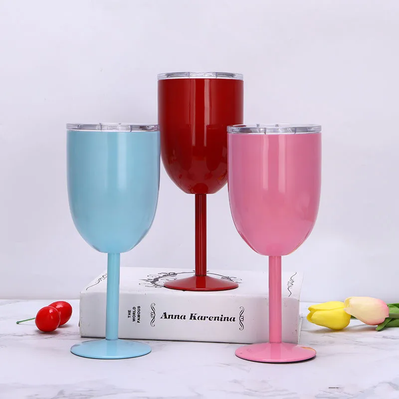 Double Wall Stem glass 304 Stainless Steel Metal 10OZ Silver Wine Glass Colored Wine Goblet with Lid