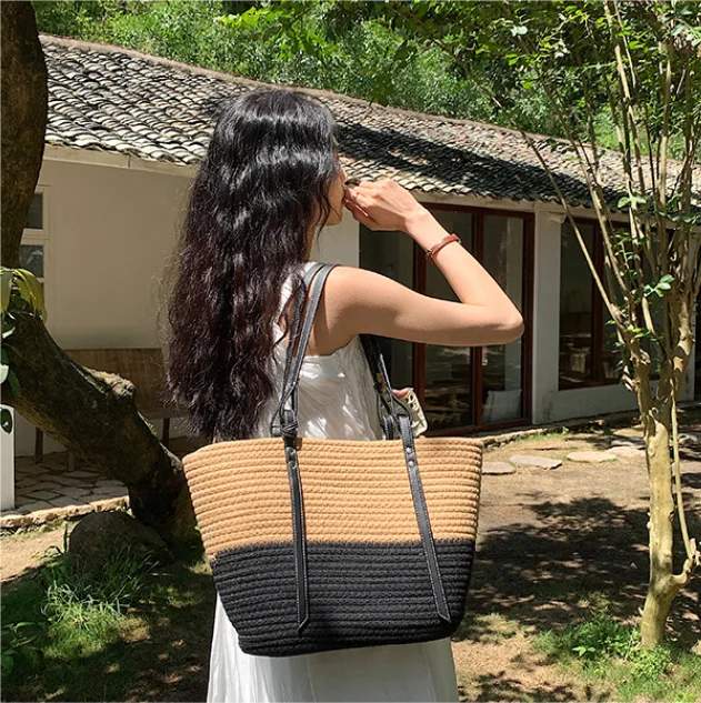New Travel Beach Woven Basket Shoulder Bag Cotton Rope Macrame Bag Crochet Knit Handbag for Women Girl
