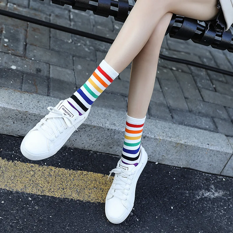 Funny Cute Japanese Socks Women Striped Zebra Rhombus Rainbow Colored Socks