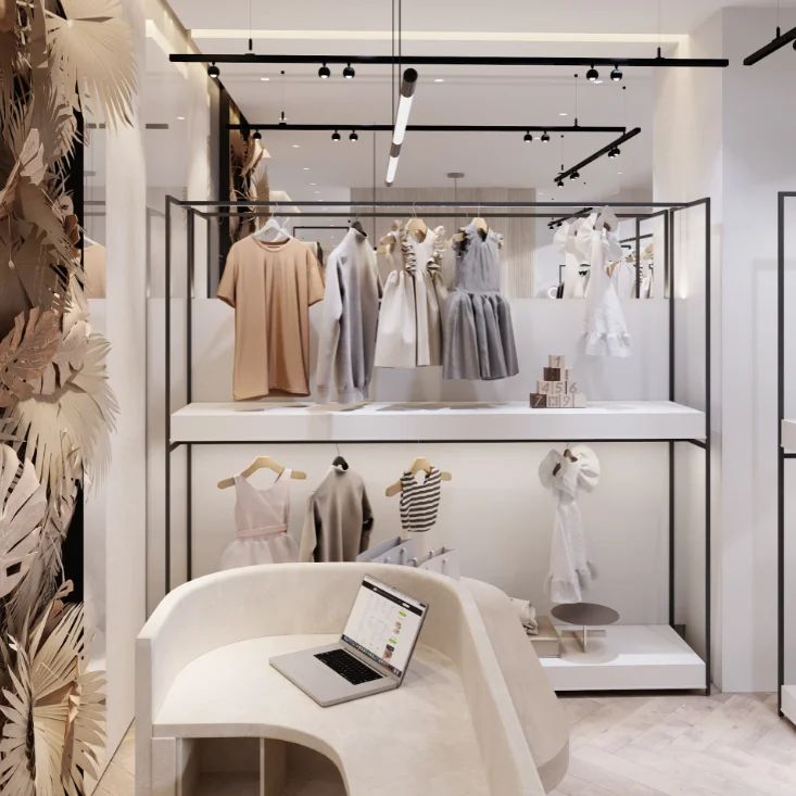 European minimalism clothing store interior decoration accessories design custom double stainless steel clothing display shelves