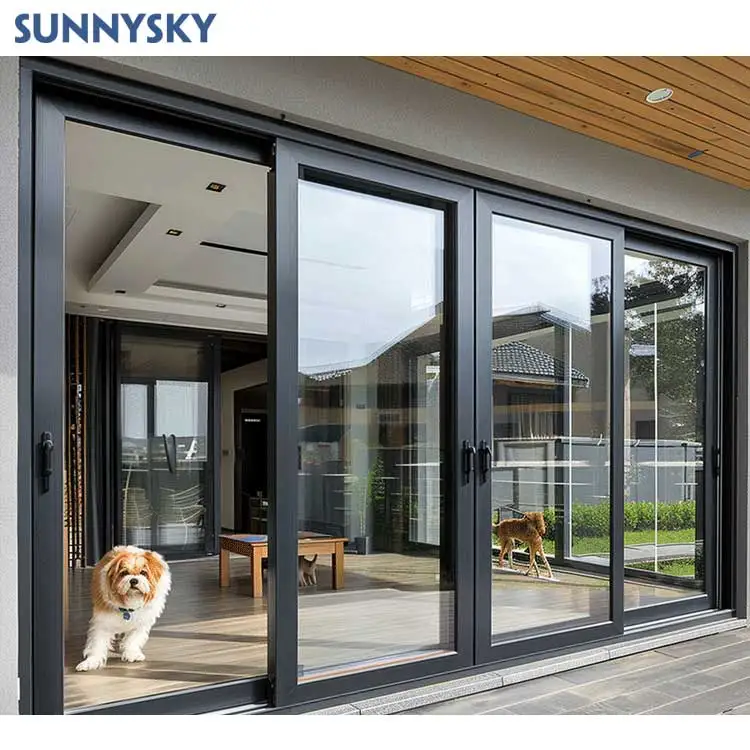 Sunnysky High Quality Contemporary Modern Double Glazed Patio Glass Sliding Doors Steel Folding Balcony Stacker Interior Door