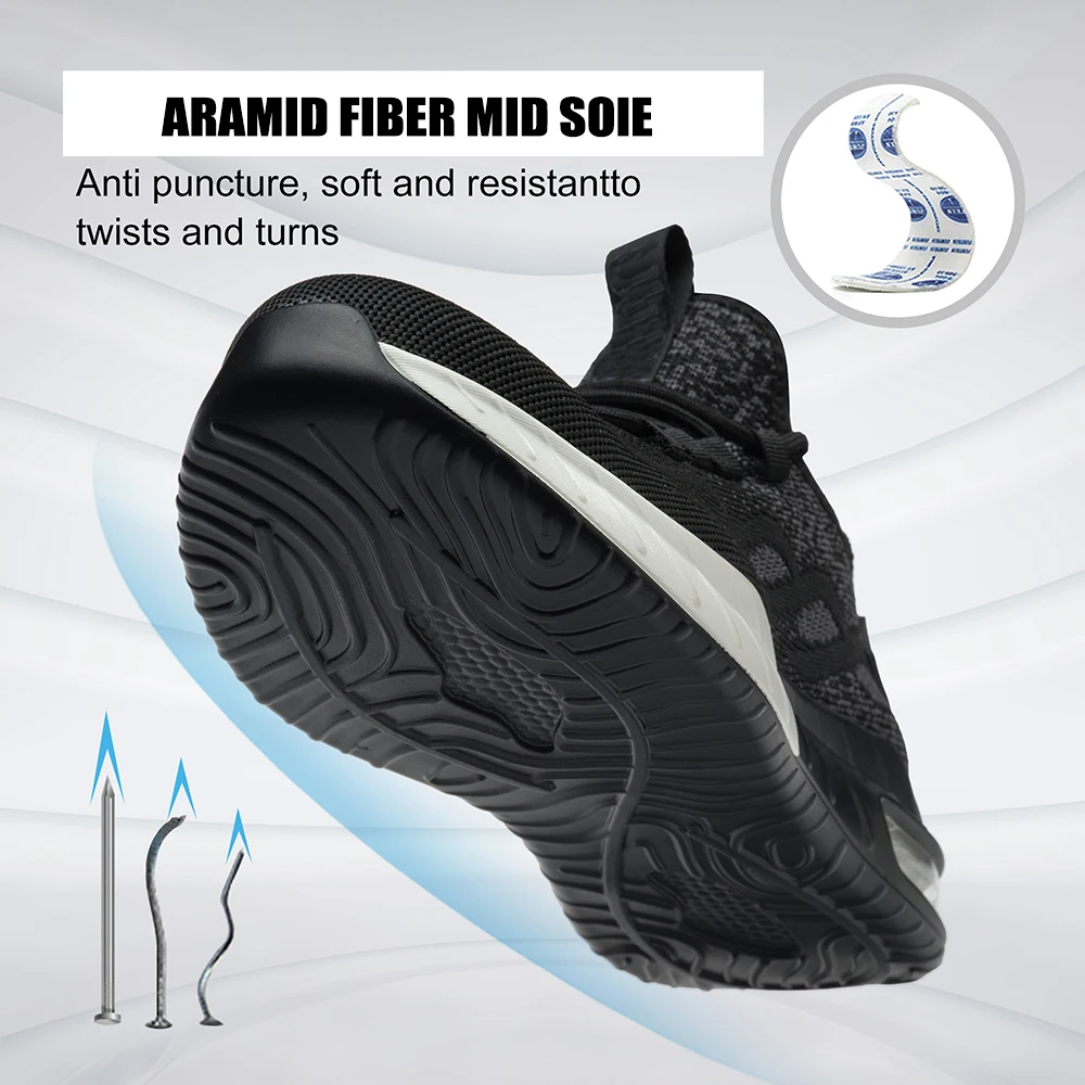 Tiger master air cushioned anti-smashing steel toe puncture-proof light weight black sport type safety shoes unisex