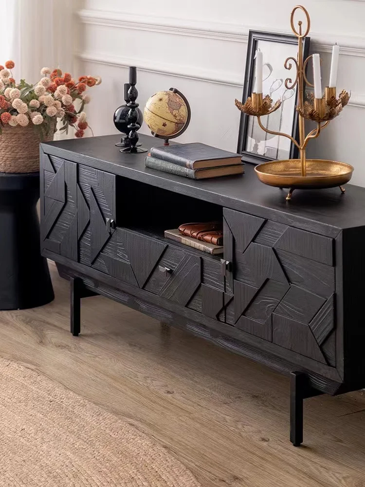 French Retro Style Black Carved TV Stand Solid Wood Entryway Storage Decorative Cabinet for  Living Room