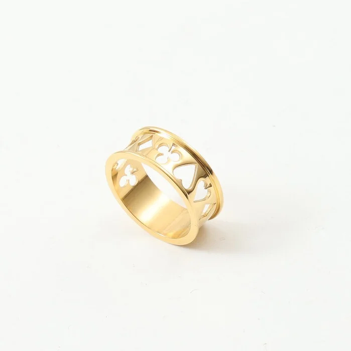 Fashion stainless steel 18k gold plated women hollow-out cutting poker logo jewelry finger rings