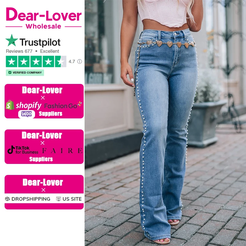 Dear-Lover Western Clothing Dusk Blue Pearl Boot Cut Denim Casual Straight Leg Jeans