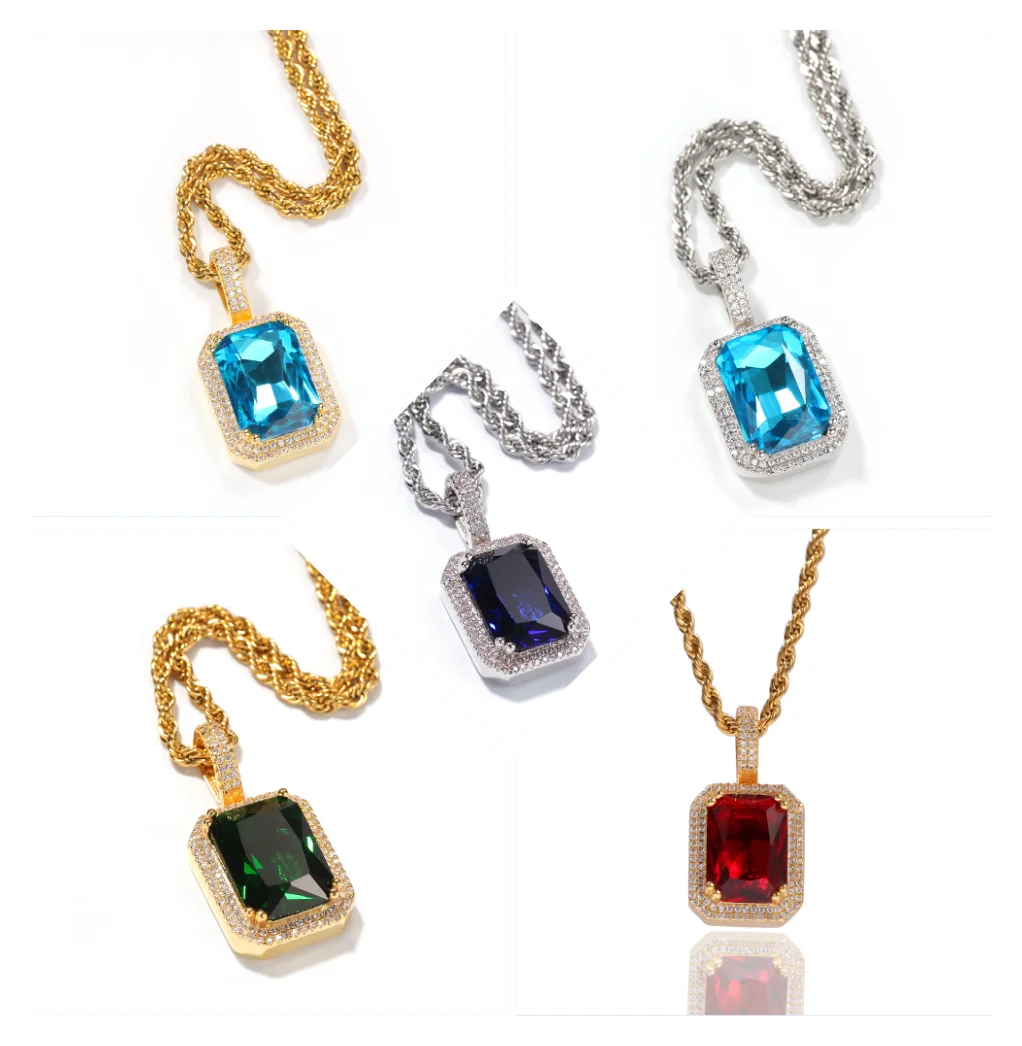 Men Jewelry Hip Hop Square Gem Pendant Necklace Bling Iced out Zircon Women Charm Pendants Necklace for Unisex gifts