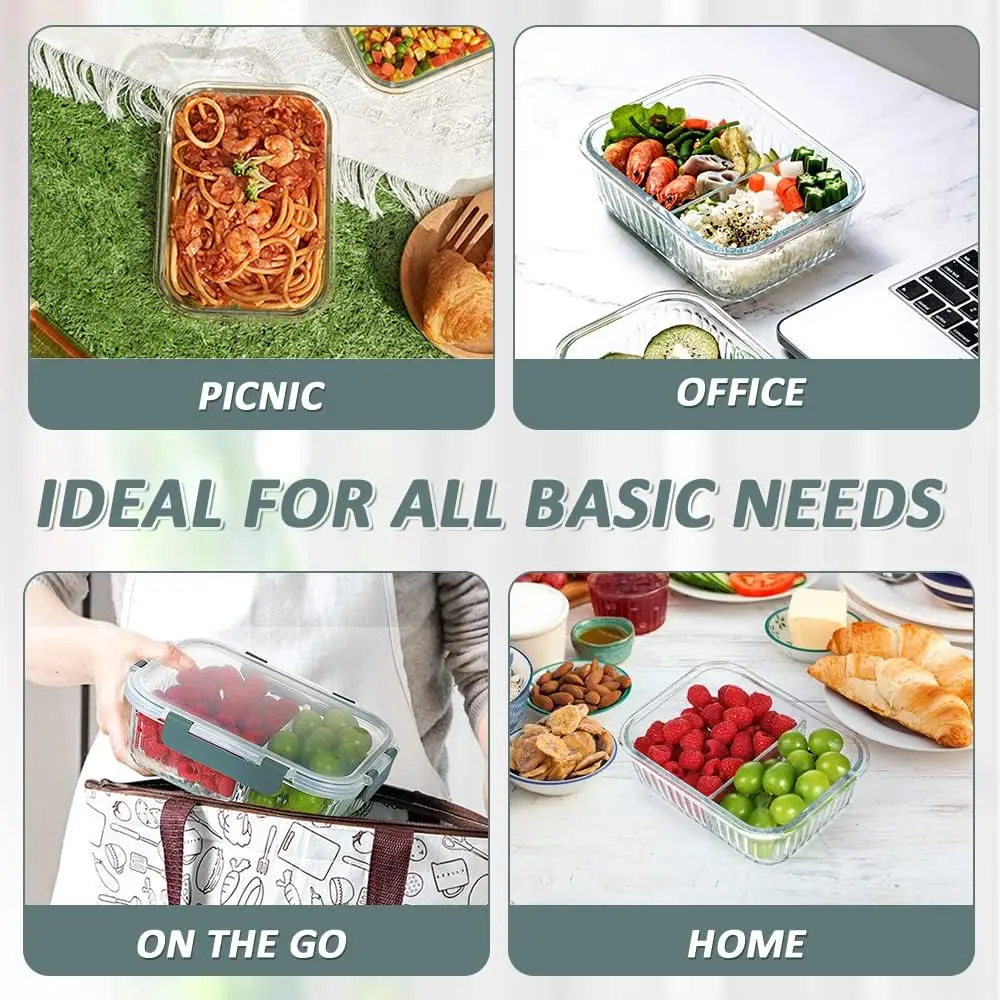Glass Meal Prep Containers 2 Compartments, 5 Packs 36 oz, Airtight Glass Lunch Bento Box Glass Food Storage Containers