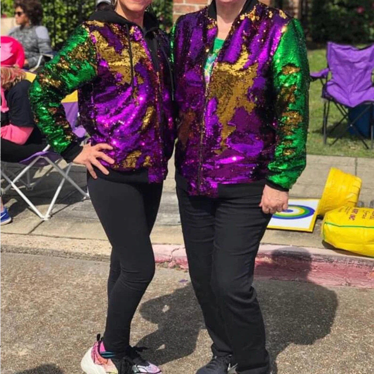 RTS Hot sale  Mardi Gras Woman Reversible Sequin Jacket Kids Girl  Rugby  Longsleeve Zipper Gold Puiple Green Party Jacket