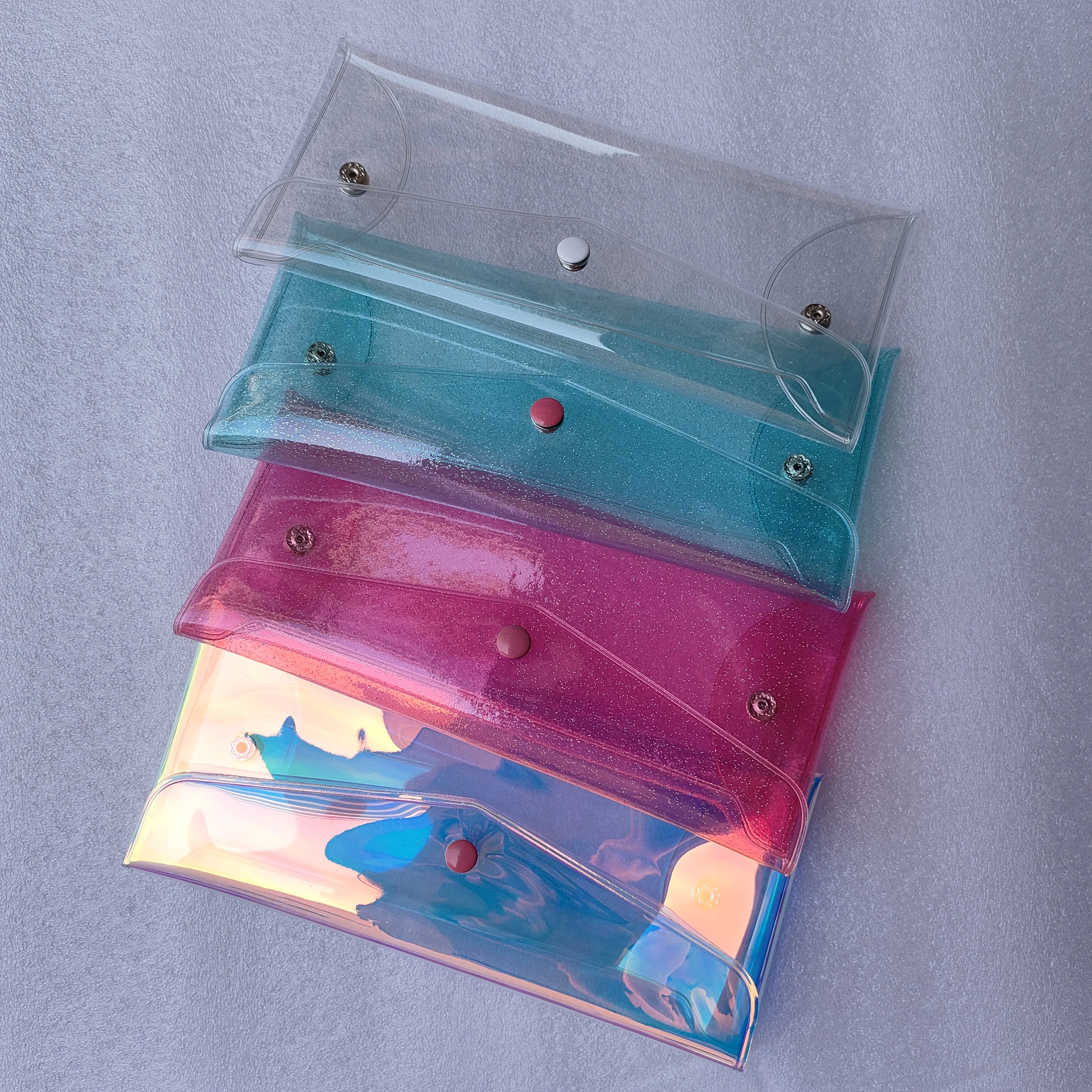 50 pcs custom logo clear bag holographic pvc card bag Waterproof Pencil Pouch Coin Purse with Snap Button