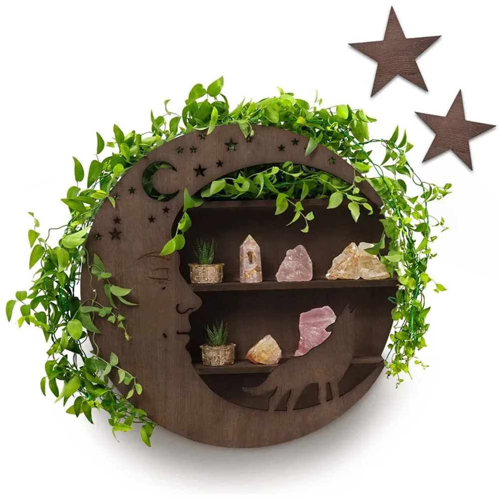 Hi Home Moon and Wolf Floating Shelf-Walnut Floating Shelves for Crystals, Plants, Trinkets-Crescent Moon Shelf with Stars