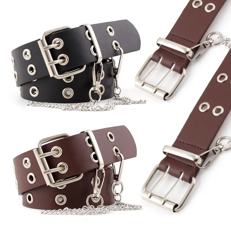 Double Pin Belt Buckle Women Designer Leather Belt With Chain PU Grommet Waist For Punk