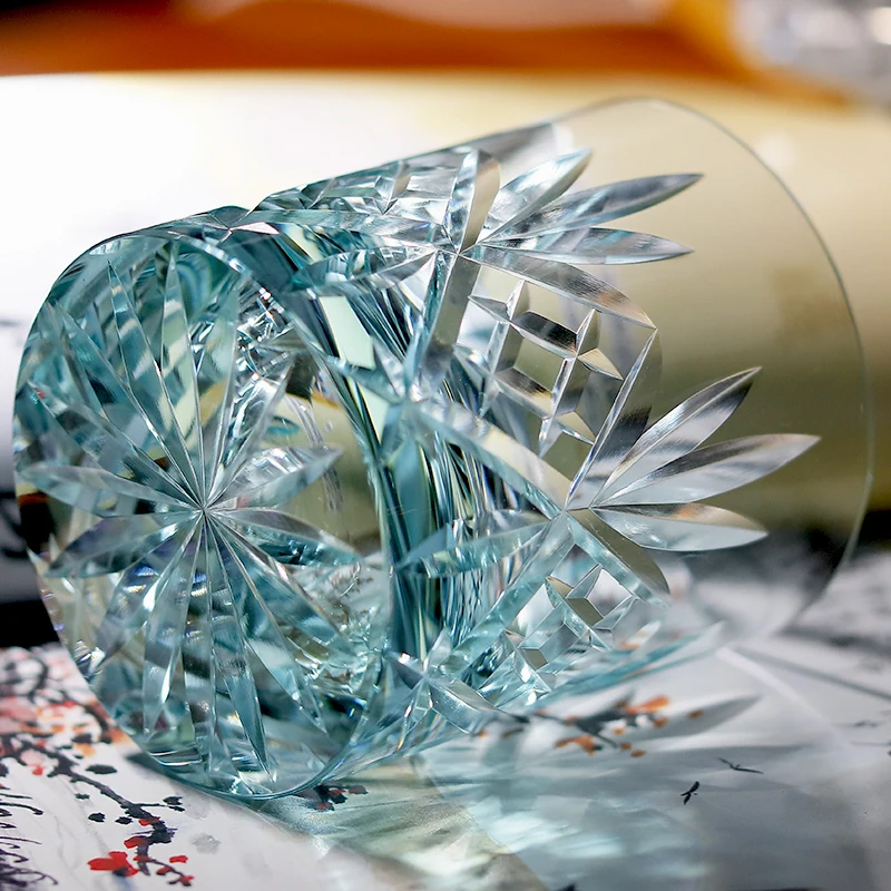 220ml K9 Wathet Crystal Glass Whiskey Tumbler With Hand Cutting Japanese Bamboo Leaves Design Old Fashioned Glass Green