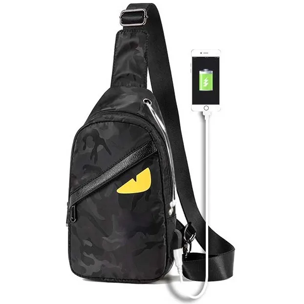 
Fashion Camo Men Boys Teen Gym Satchel USB Casual Chest Shoulder Sling Crossbody Commuting Fanny Pack with Unique Monster Eye 