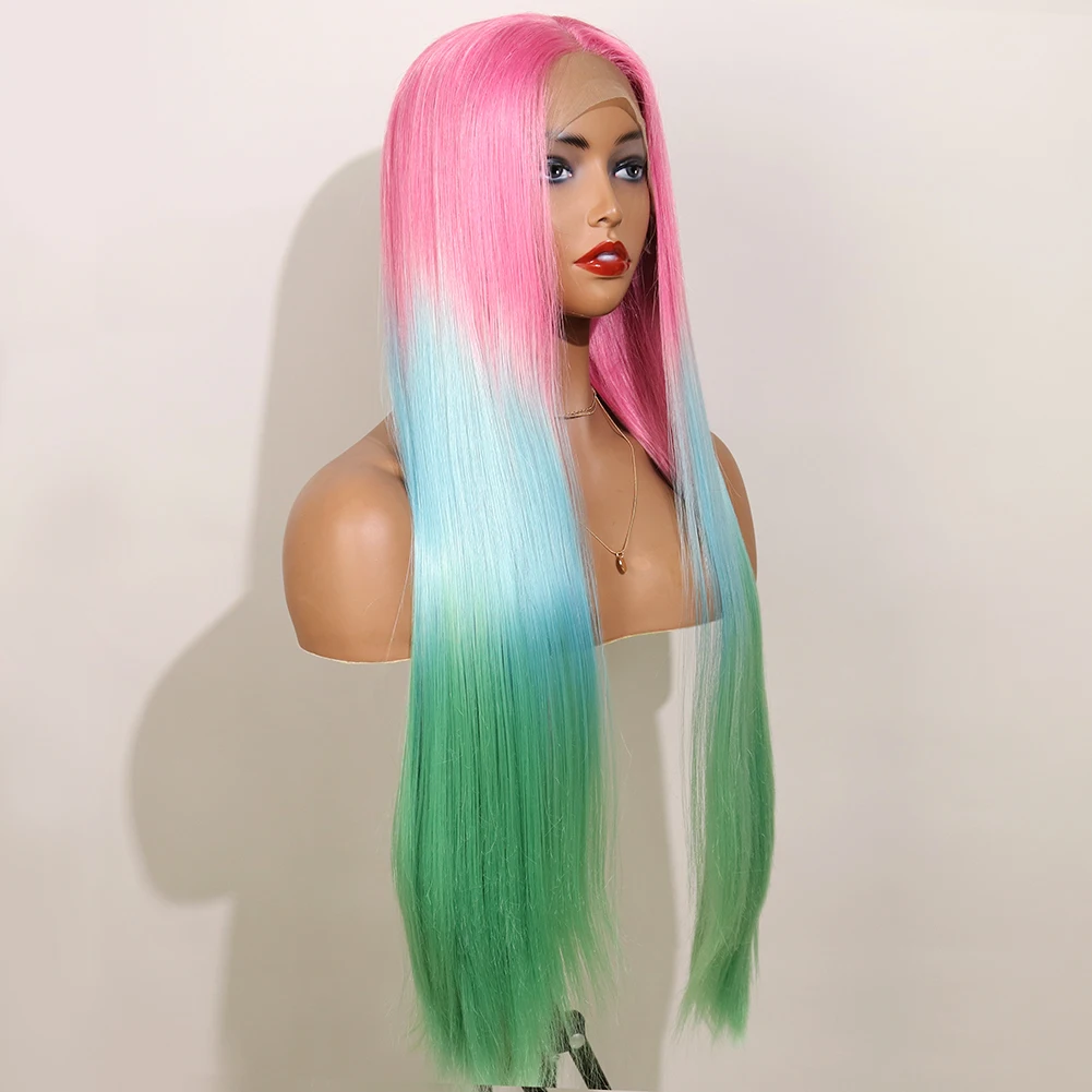 Synthetic Lace Wig Pink Ombre blue green Colorful Lace Wig With Natural Hairline Heat Resistant Hair Cosplay Halloween Wigs