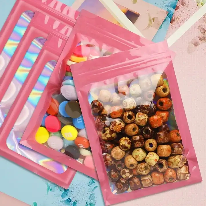 Resealable zipper smell proof food grade aluminum foil sachet black  holographic small pink custom logo mylar bags with window