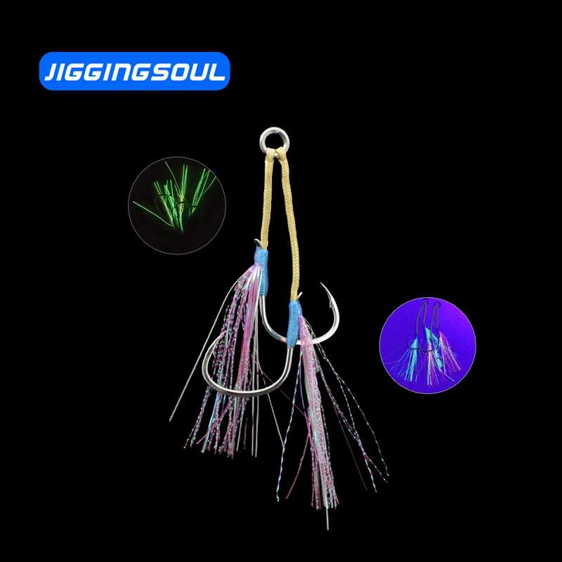 AIH03-1pcs bulk New Design Salty Water Anti-corrosion Hook Luminous Double Assist Hook  Lure bait fish hooks epoxy kevlar line