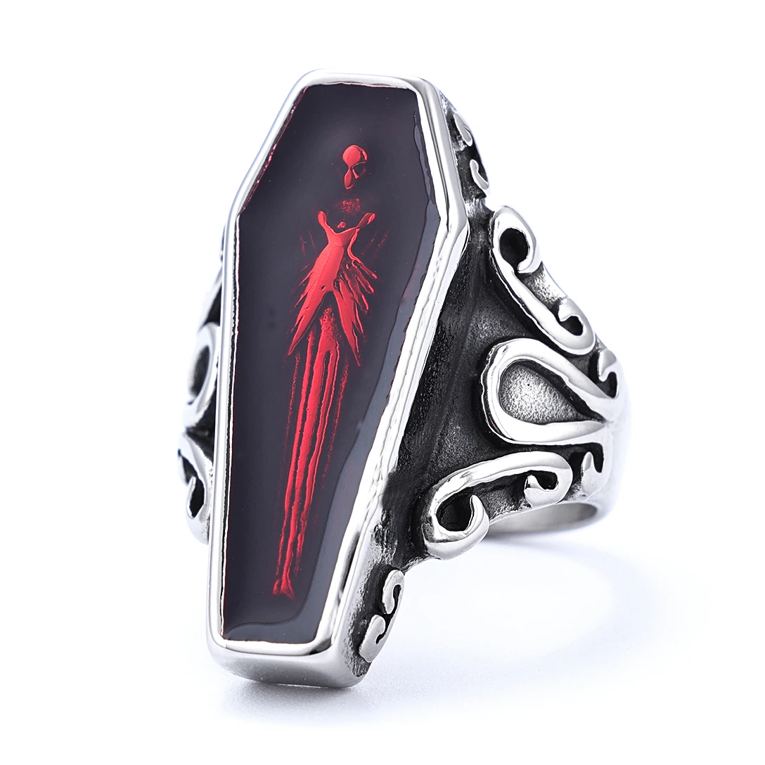Stainless Steel Gothic Vampire Bloody Red Purple  Enamel Epoxy Coffin Ring Cocktail Party Easter Halloween Bike Jewelry Gift
