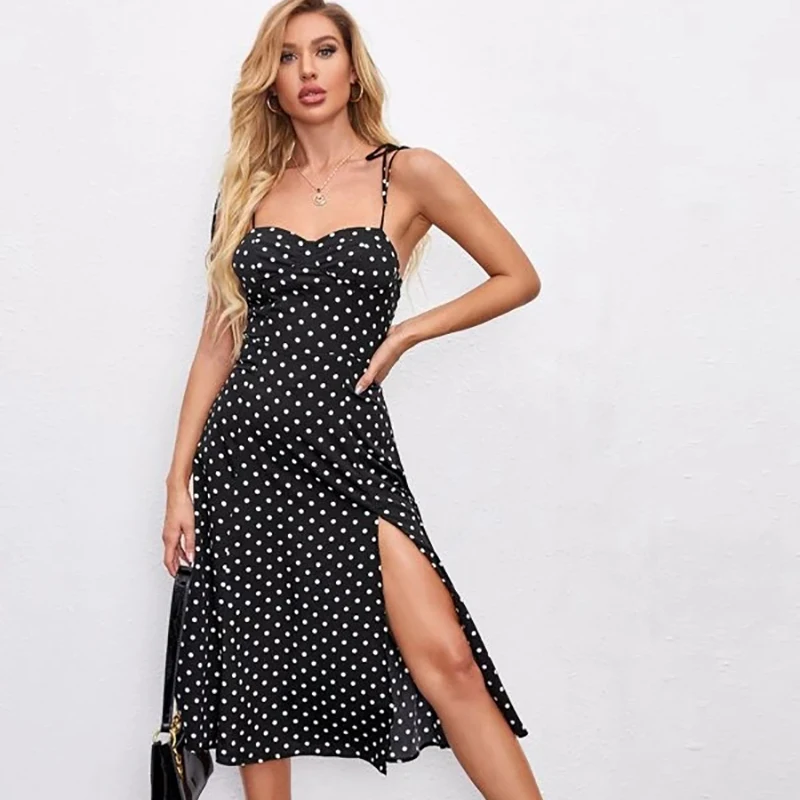 Women Midi Dress Casual Dresses Simple Factory Wholesale Polka Dot Spaghetti Strap Sleeveless Sexy Summer Split Thigh Polyester