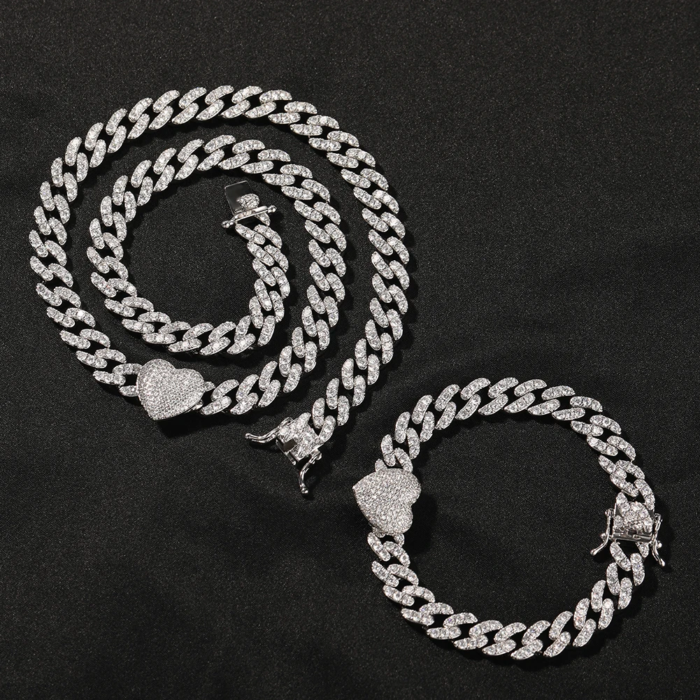 New Fashion 9mm Heart Cuban High Quality Iced Out Bling Cuban Link Chain Jewelry Set Necklace Bracelet for Women Man