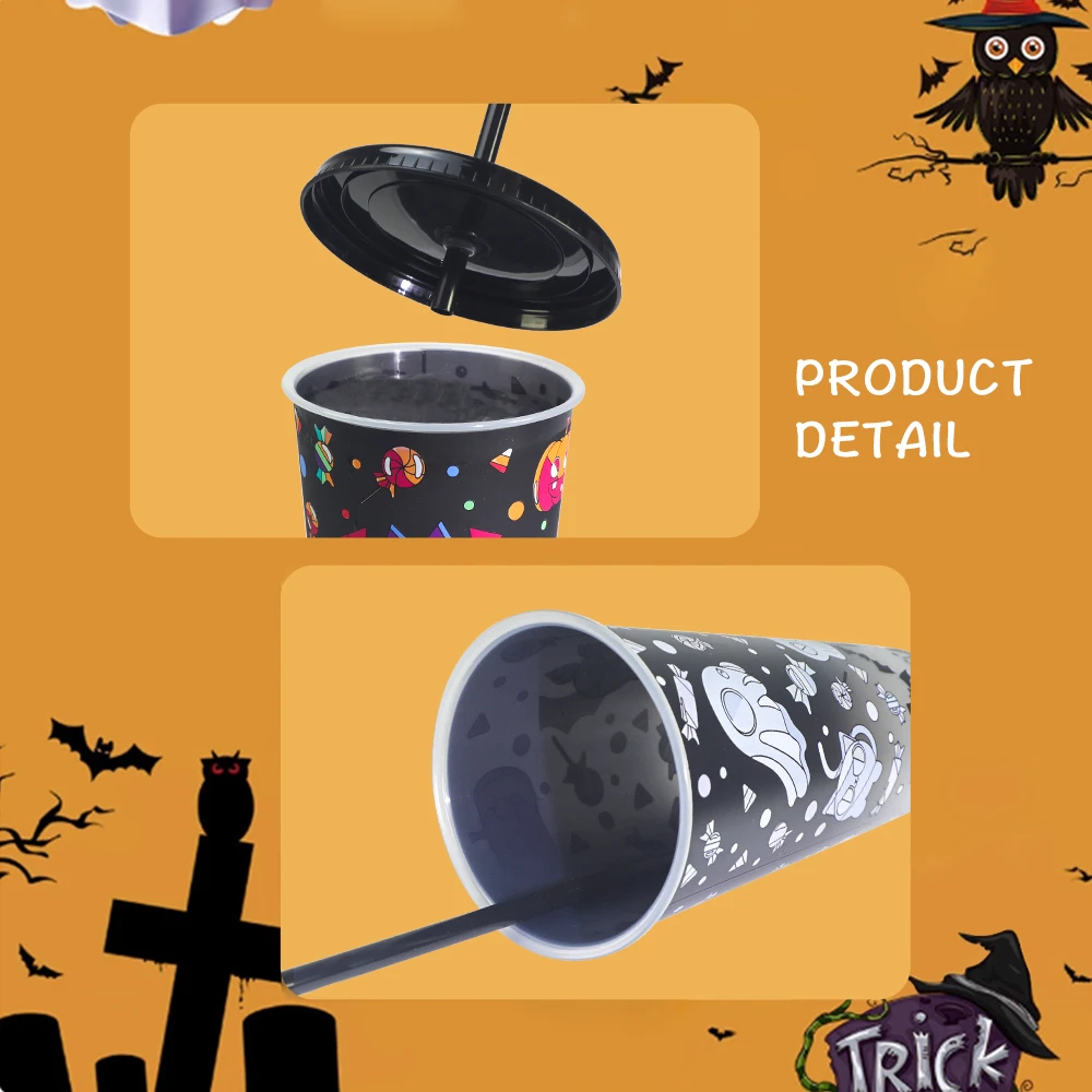 Magic tumbler sipper glass plastic Halloween Ghost magic cold colour black color changing cup with straw