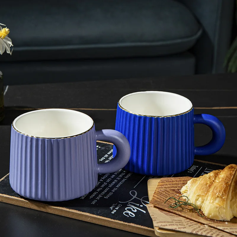 Wholesale net red light luxury striped mug with hand gift Klein Blue ins milk, coffee cup Chaozhou ceramic