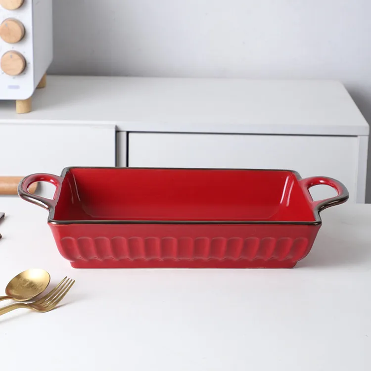 Hotel restaurant used red elegant exquisite heat-proof square cake ceramic baking pan with handle