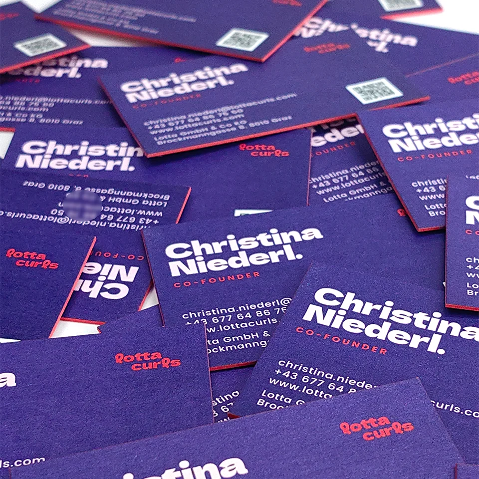 Cheap Customized Violet Business Card with Rose Red Edge Printed Enterprise Private LOGO Cotton Textured Paper Visitng Card