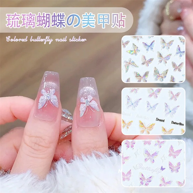 3 styles Butterfly Letters Nail Stickers 3D Self Adhesive Waterproof DIY Pink Blue Purple Glitter Butterfly Nails Decoration