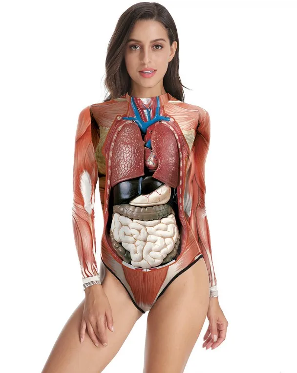 Wholesale Hot Sale Human Tissue Pattern Party Long Sleeve Skinny One Piece Jumpsuit Swimsuit Sexy Adult Halloween Costumes