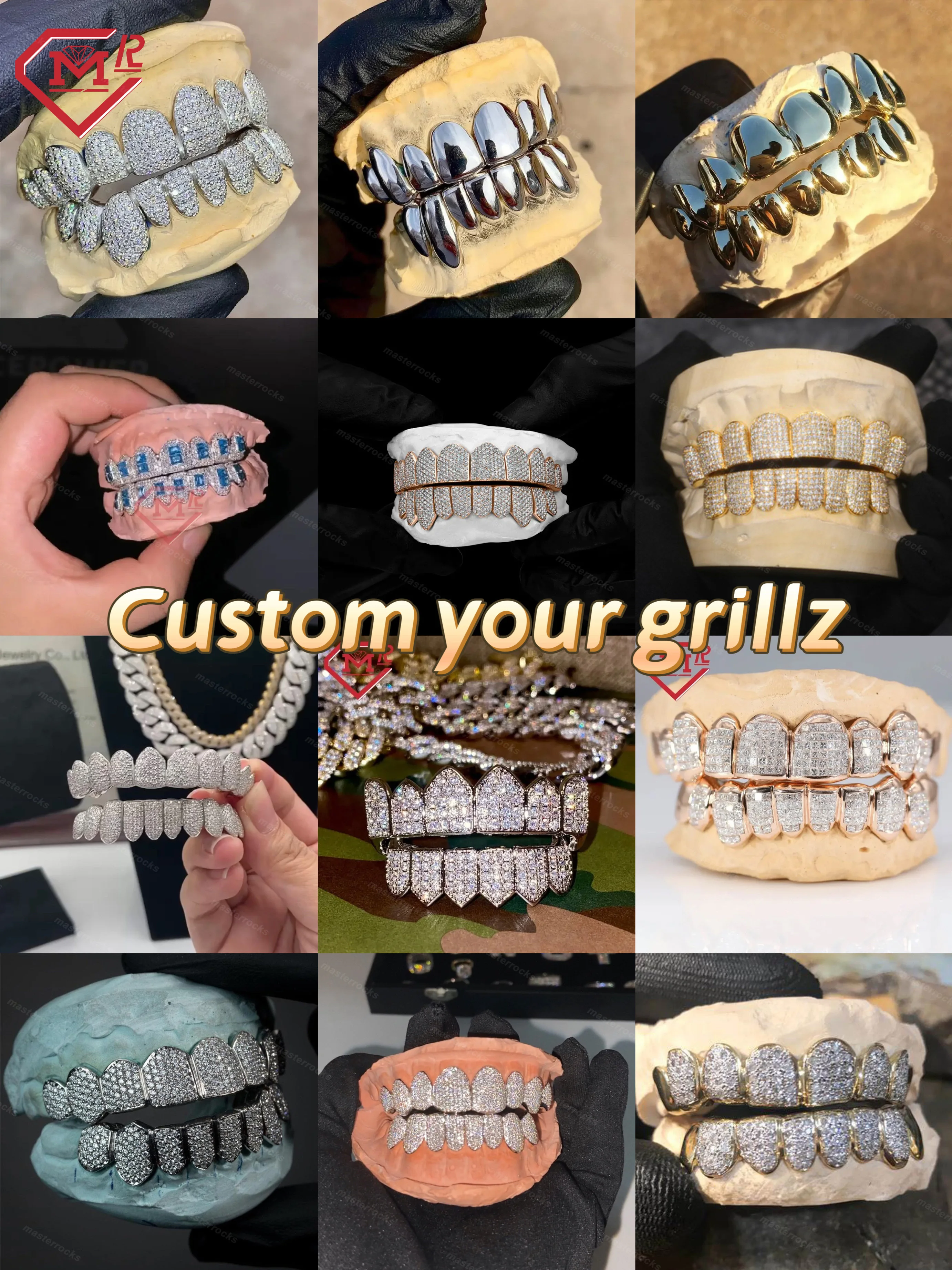 Custom Solid 10k Yellow Gold Grillz Hand Made Iced Out Vvs Moissanite Teeth With Plain Gold Hip Hop Grillz For Men