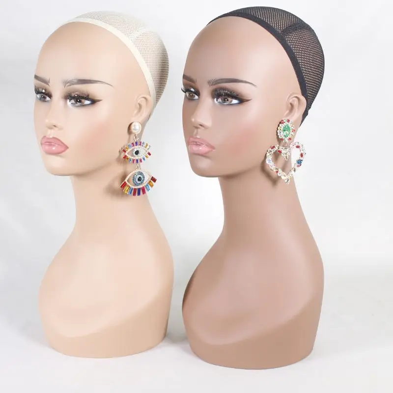 PVC Female Wig Makeup Mannequin Head Dummy  Realistic Mannequin Heads With Wig  Display with Hole and Earrings 18 Inch