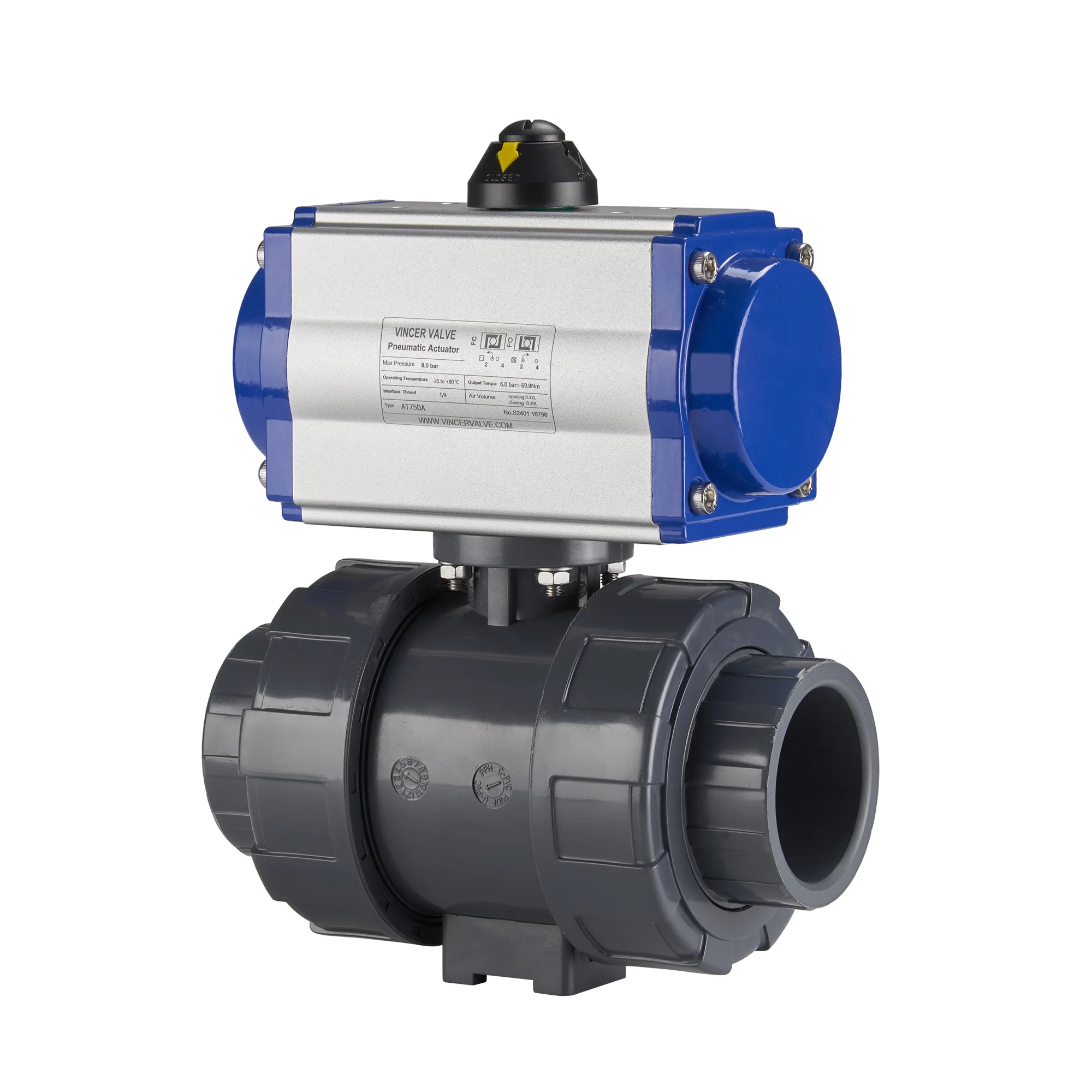 VINCER 2 inch 8inch single acting pvc pneumatic ball valve 3 way ball valve with pneumatic actuator AC24v 110v 220v