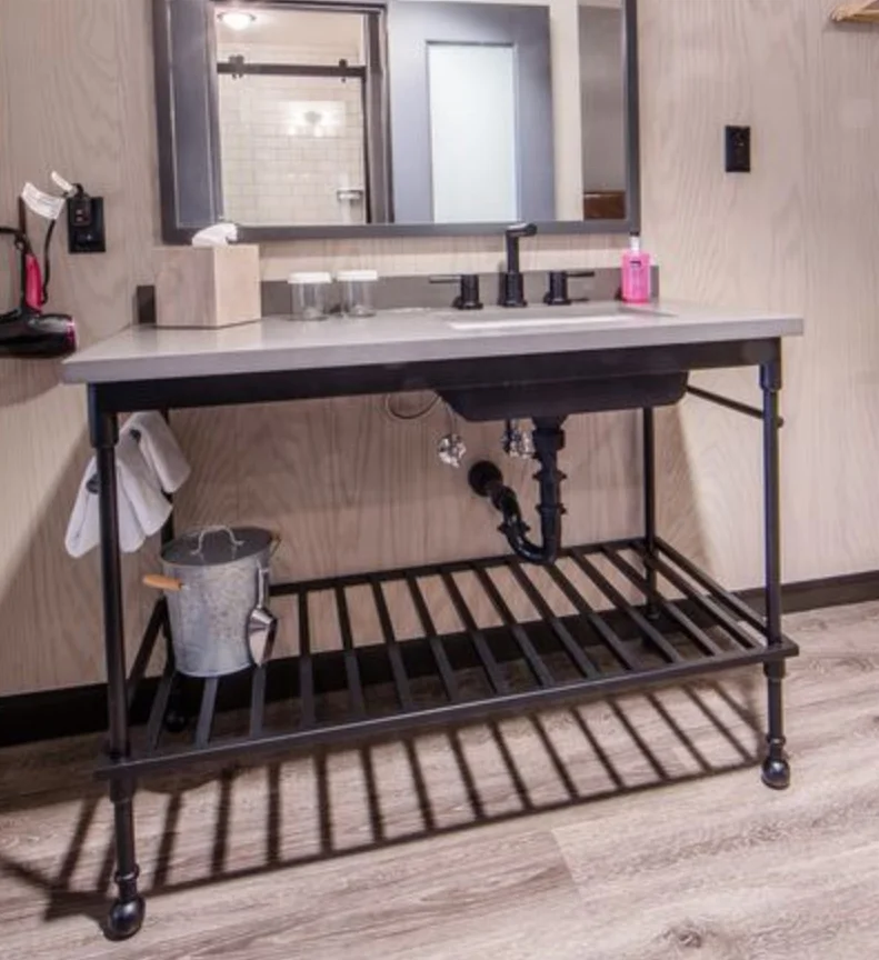 Traditional ceramic wash basin lavatory Black Metal pipe Frame Undermount Double Sink Vanity pedestal Gray Faux Concrete Top