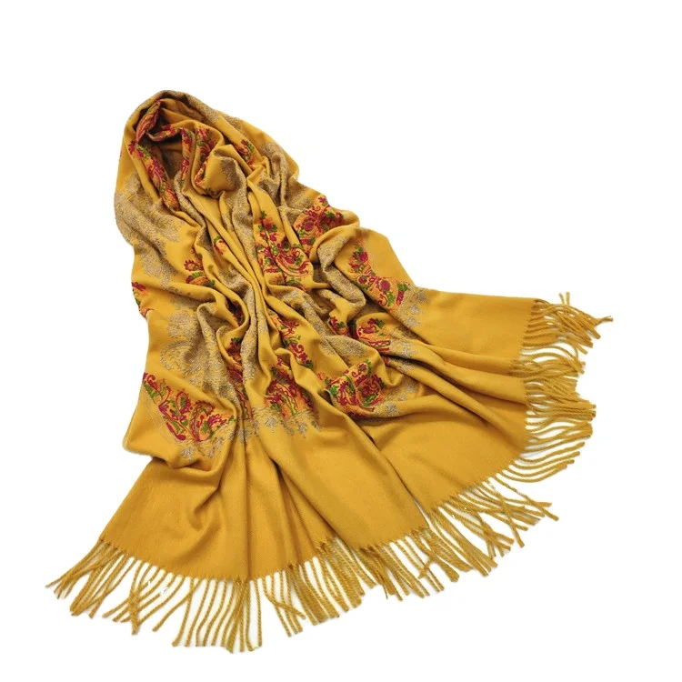 Custom wholesale thick cashmere scarfs knitted pashmina blanket winter scarves ladies 100 cashmere embroidered shawl for women